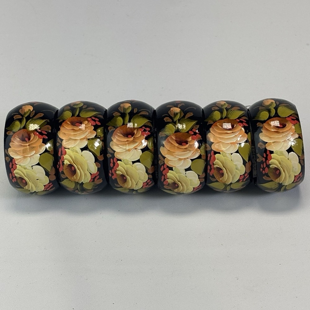 Set of 6 Vintage Napkin Rings Hand Painted Lacquered Black Floral Rose MCM‎